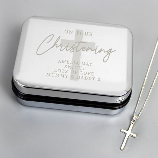 Personalised Christening Trinket Box & Cross Necklace Set