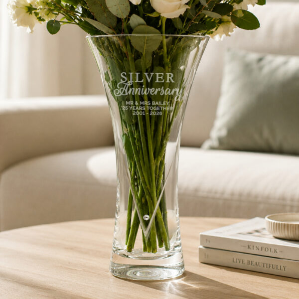 Personalised Silver Anniversary Large Hand Cut Diamante Heart Vase